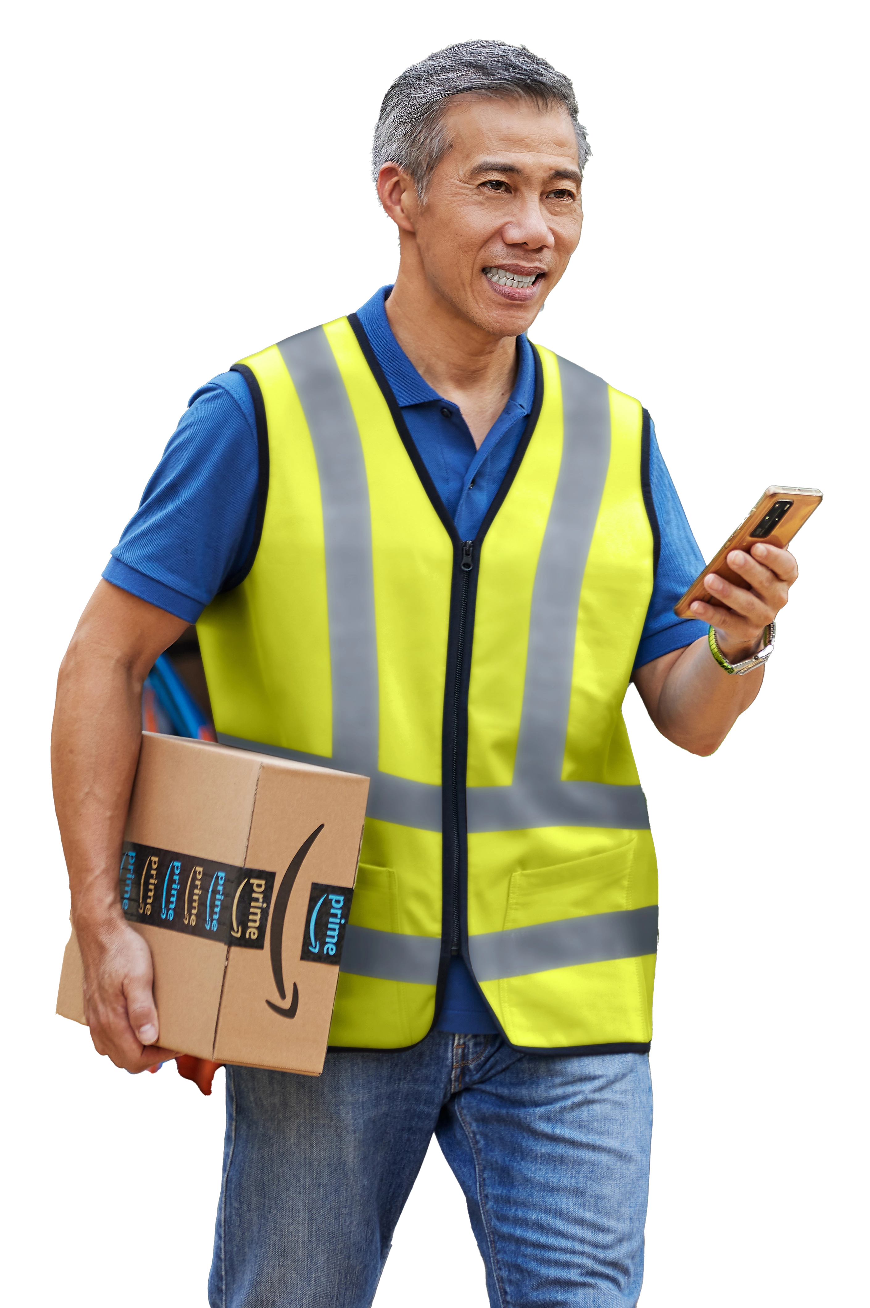 Male Amazon delivery driver in reflective vest holding Prime package and phone, smiling at camera