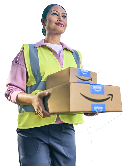 Amazon delivery worker in safety vest holding packages with Amazon smile logo, looking up confidently