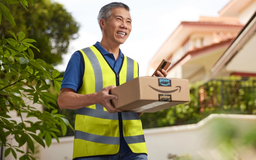 Man in a yellow vest carrying an Amazon package walking on a suburban street